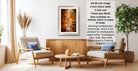 a modern living room with a wooden coffee table, two white armchairs, and a framed photograph hanging on the wall.