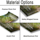 The image is a collage of four different types of print materials, including a premium photo print, a gallery wrapped canvas, an acrylic print, and a metal/aluminum print.