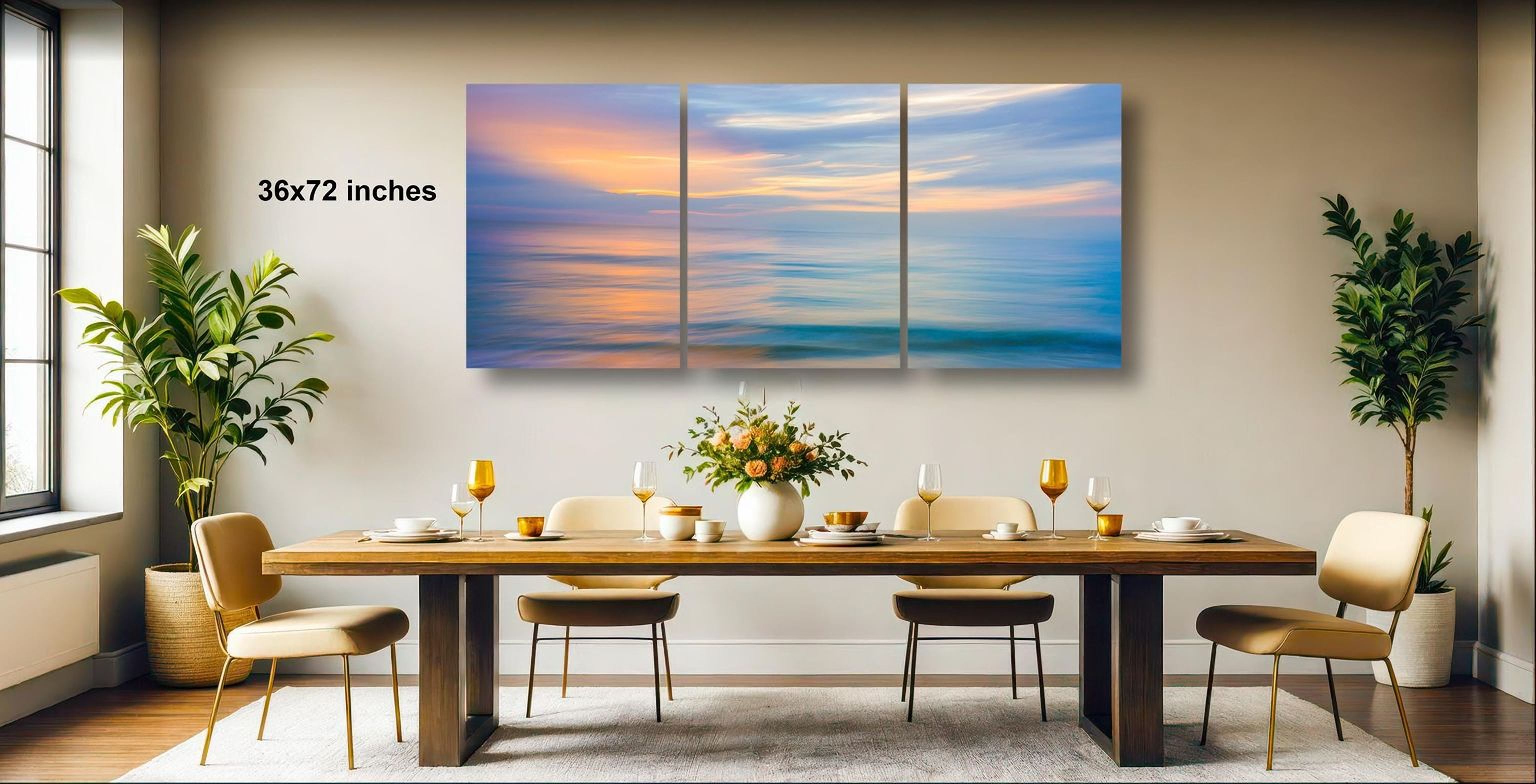 a modern dining room with a large wooden table set for four, surrounded by four chairs. Above the table, there is a large, colorful painting depicting a serene ocean scene with a sunset. The room is decorated with potted plants and other furnishings, creating a warm and inviting atmosphere.