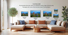 a living room with a large sectional sofa, a coffee table, and a potted plant. There are four framed landscape photographs displayed on the wall, each with a different frame size ranging from 16.24 to 20.30 inches. The photographs depict various scenes, including a field of flowers and mountains.