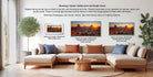a living room with a large sofa and a coffee table, along with a potted plant and a framed print of a desert landscape. The sofa is arranged in a semi-circle around the coffee table, creating a cozy and inviting atmosphere. The framed print is displayed on the wall, showcasing the desert landscape in a matured print and floater frame style.