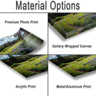The image is a collage of four different types of print options for a landscape photograph, including a premium photo print, a gallery wrapped canvas, an acrylic print, and a metal/aluminum print.