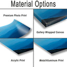 various types of print options for a landscape photo, including a premium photo print, a gallery wrapped canvas, an acrylic print, and a metal/aluminum print.