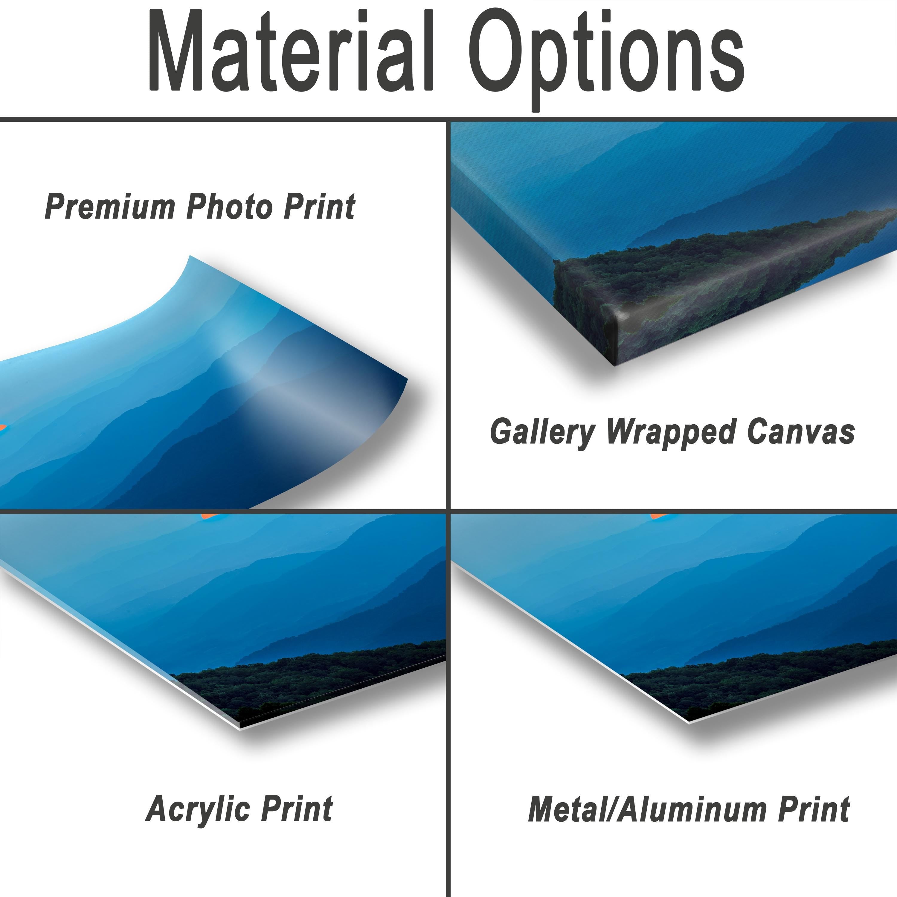 various types of print options for a landscape photo, including a premium photo print, a gallery wrapped canvas, an acrylic print, and a metal/aluminum print.
