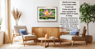 a living room with a framed photograph of a pink lotus flower hanging on the wall. The room has two armchairs, a coffee table, and a potted plant. The photograph is framed in a modern style, and the frame size is 28.38 inches.