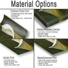 The image is a collage of four different types of printed materials, including a premium photo print, a gallery wrapped canvas, an acrylic print, and a metal/aluminum print. Each type of print has its own unique characteristics and uses.