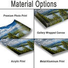 various types of print materials, including a premium photo print, a gallery wrapped canvas, an acrylic print, and a metal/aluminum print.