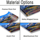 various types of print materials, including a premium photo print, a gallery wrapped canvas, an acrylic print, and a metal/aluminum print.