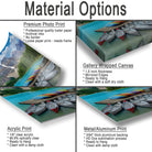 The image is a collage of four different types of printed materials, including a premium photo print, a gallery wrapped canvas, an acrylic print, and a metal/aluminum print. Each type of print has its own unique characteristics and uses, such as professional quality luster paper, archival inks, and different frame options.