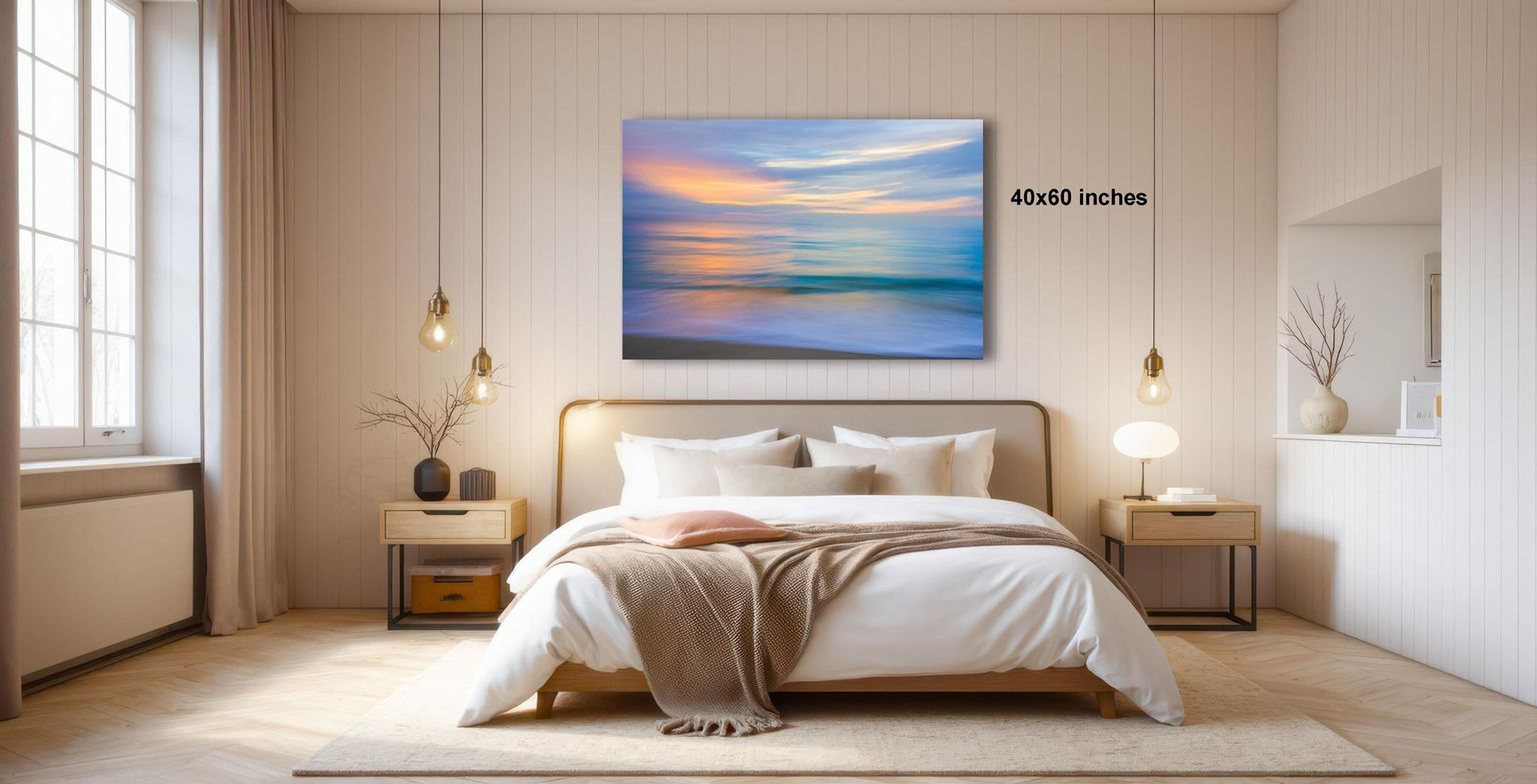 a serene bedroom with a large bed, wooden furniture, and a painting of a sunset over the ocean hanging on the wall.