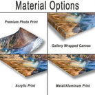 various types of print options for a landscape photograph, including a premium photo print, a gallery wrapped canvas, an acrylic print, and a metal/aluminum print.
