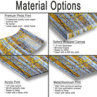 The image is a collage of four different material options for prints, including premium photo print, gallery wrapped canvas, acrylic print, and metal/aluminum print.