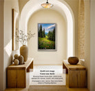 The image is a 32x48-inch framed photograph of a forest scene, hanging on a wall in a room with wooden furniture and decorative items.