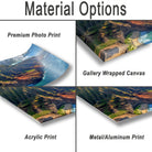 various types of print options for a landscape photograph, including a premium photo print, a gallery wrapped canvas, an acrylic print, and a metal/aluminum print.