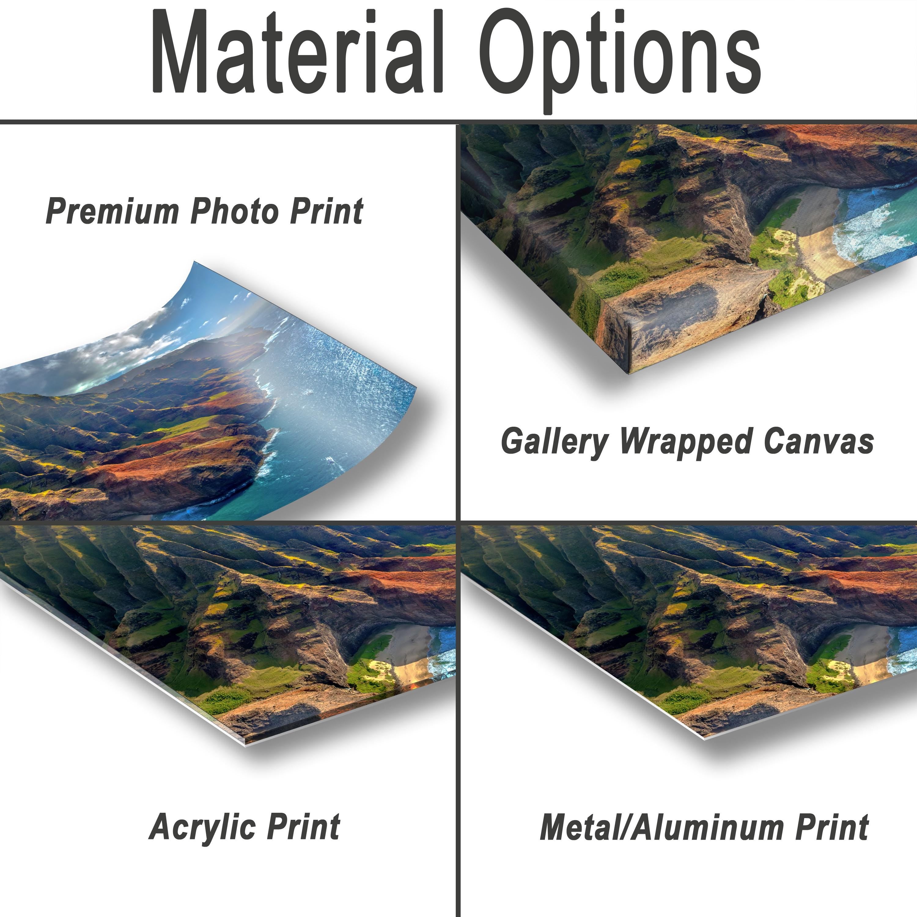 various types of print options for a landscape photograph, including a premium photo print, a gallery wrapped canvas, an acrylic print, and a metal/aluminum print.
