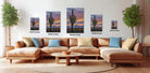 a large, brown sectional sofa with multiple pillows, a coffee table, and a potted plant in a living room setting. The sofa is positioned in front of a wall with four framed pictures of cacti, each varying in size and depicting different scenes. The wall also has text indicating the size of each picture, providing a visual guide for the viewer.