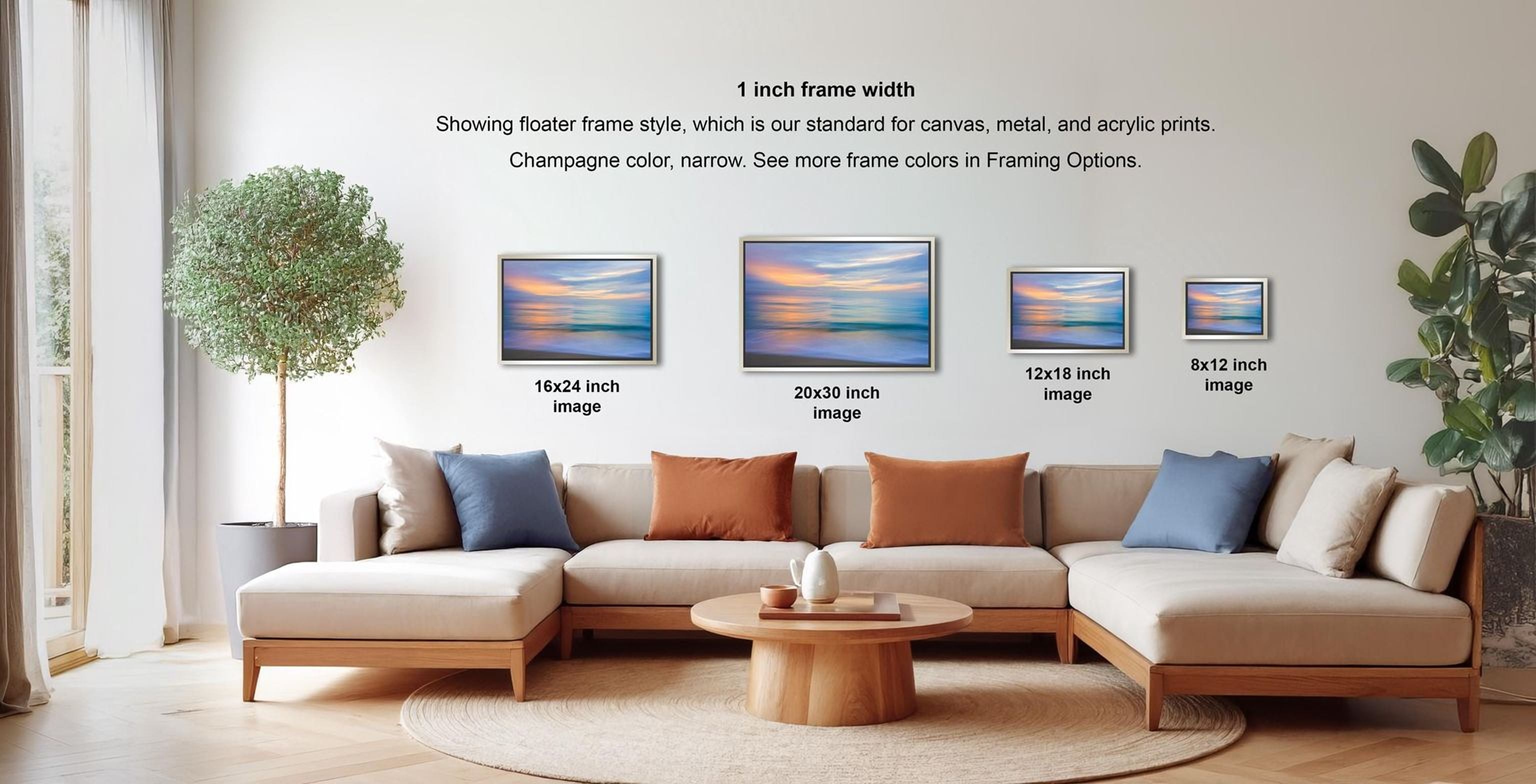 a living room with a large sectional sofa, a coffee table, and various framed artworks displayed on the wall.