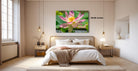 a serene bedroom scene with a large bed, a nightstand, and a painting of a pink lotus flower hanging on the wall.