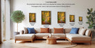 a living room with a large sectional sofa, a coffee table, and a potted plant. There are four framed landscape photographs of varying sizes displayed on the wall, each with a different frame width. The text above the photographs indicates that the frame widths are 1 inch, and the frame styles are standard for canvas, metal, and acrylic prints.