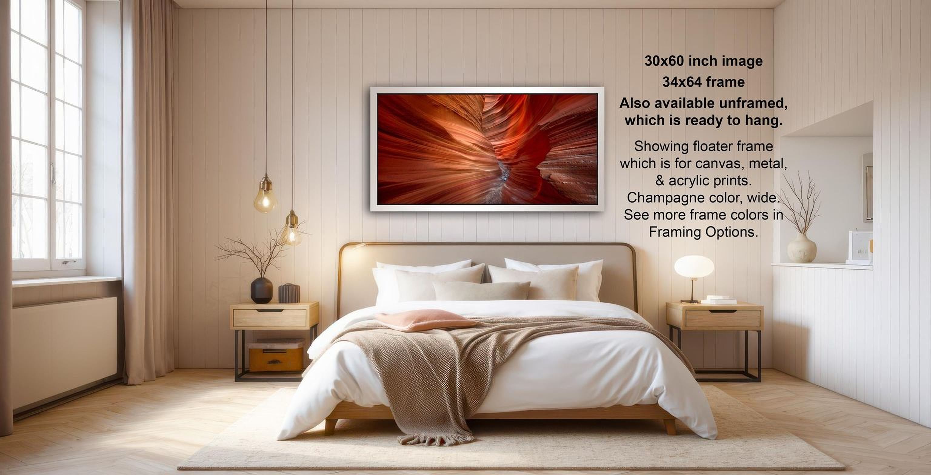 The image is a modern bedroom with a large bed, wooden furniture, and a framed artwork on the wall. The artwork features a vibrant red and orange abstract design, which is hanging on the wall. The room has a minimalist and clean design, with a neutral color palette and a focus on the bed and artwork as the main visual elements.