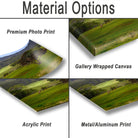 The image is a collage of four different types of print options for a landscape photograph, including a premium photo print, a gallery wrapped canvas, an acrylic print, and a metal/aluminum print.