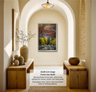 The image is a 32x48-inch framed photograph of a forest scene, hanging on a wall in a room with wooden furniture and decorative items.