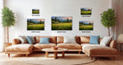 The image is a modern living room with a large sectional sofa, a coffee table, and several potted plants. The wall is decorated with three framed landscape paintings, each with a different size and resolution, ranging from 20x30 inches to 16x24 inches.