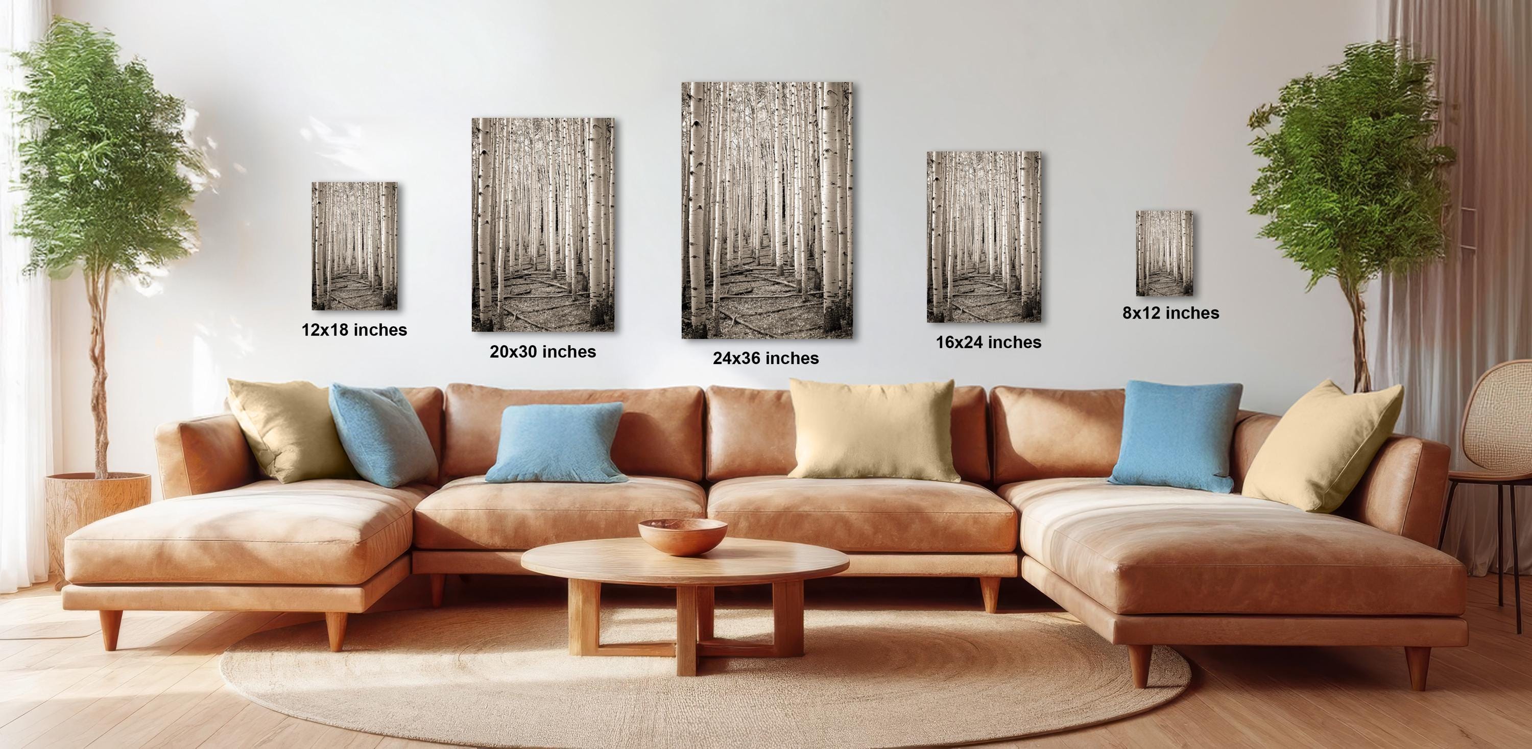 a modern living room with a large sectional sofa, a coffee table, and several potted plants. The walls are decorated with framed artwork depicting forest scenes, and the furniture is arranged to create a comfortable and inviting atmosphere.