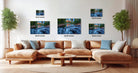 a living room with a large sectional sofa, a coffee table, and several potted plants. There are three framed photographs of a river scene displayed on the wall above the sofa. The photographs vary in size, with the largest one being 24 inches in height and the smallest one being 12 inches in height.
