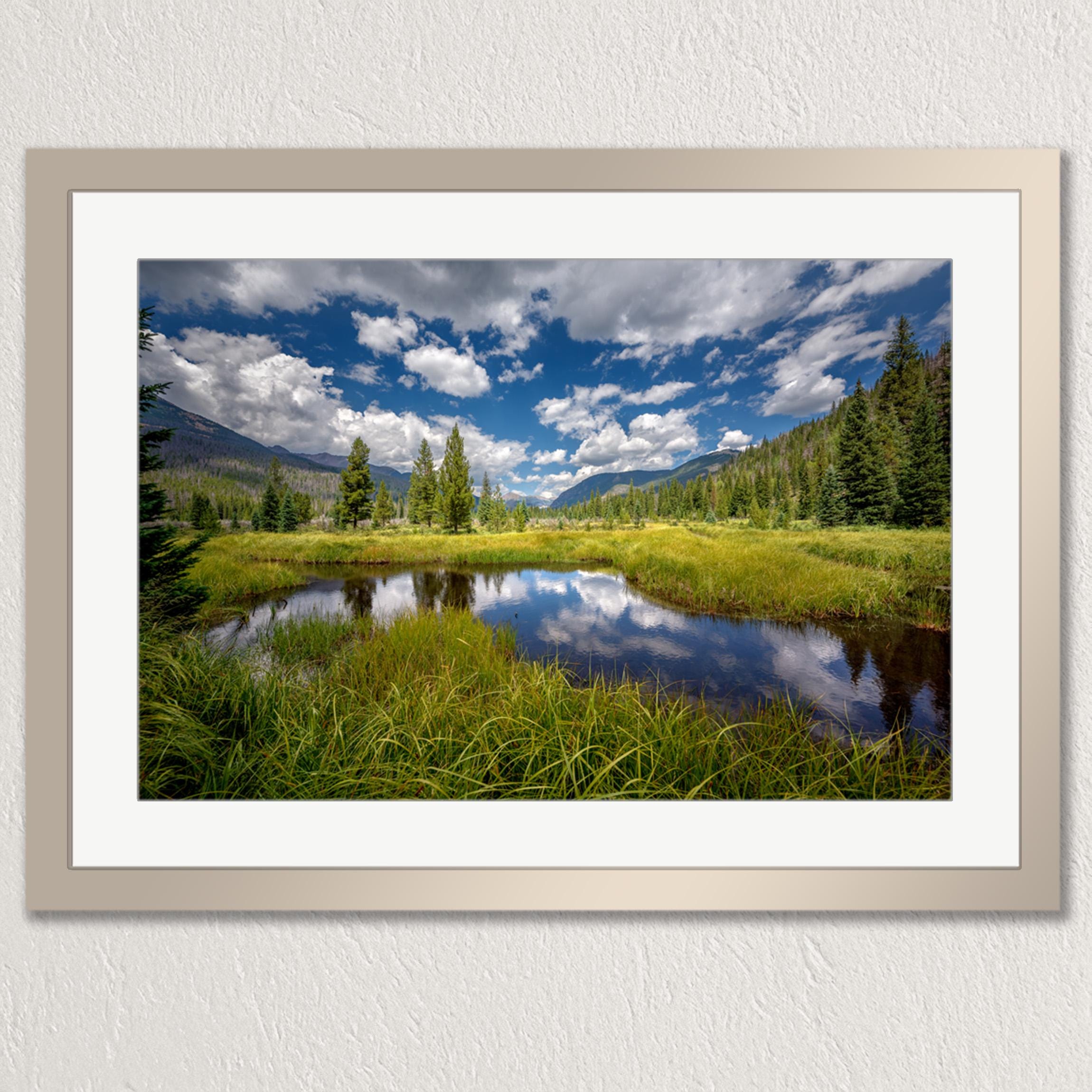 a serene landscape with a calm lake surrounded by lush green grass and towering trees. The sky above is a clear blue with fluffy white clouds, creating a peaceful and picturesque scene.