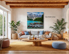 a serene mountain lake scene with a wooden dock and colorful boats, surrounded by lush greenery and a cozy living room setting.