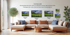 a living room with a large sectional sofa, a coffee table, and a potted plant. There are four framed landscape paintings displayed on the wall, each with a different frame size ranging from 16" to 20" inches. The paintings depict various scenes, including a countryside landscape and a forest. The arrangement of the paintings and the overall layout of the living room create a cozy and inviting atmosphere.