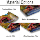 four different types of print options for a photograph of a red bridge, including a premium photo print, a gallery wrapped canvas, an acrylic print, and a metal/aluminum print.