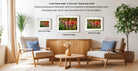a living room with three framed photographs of flowers on the wall, arranged in a symmetrical layout. The photographs are of different sizes, with the largest one being 8x12 inches and the smallest one being 16x24 inches. The room is decorated with a wooden coffee table, a potted plant, and a vase of flowers, creating a cozy and inviting atmosphere.