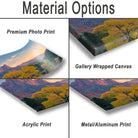 various types of print materials, including a premium photo print, a gallery wrapped canvas, an acrylic print, and a metal/aluminum print.