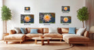 a living room with a large brown sectional sofa, a wooden coffee table, and several potted plants. The wall behind the sofa features three framed photographs of a water lily, each with a different size and resolution.