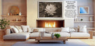 a cozy living room with a fireplace, white sofas, and various decorative elements such as vases and a potted plant.