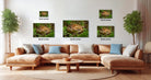a living room with a large brown sectional sofa, a coffee table, and several potted plants. There are three framed photographs of deer on the wall, each with a different size and resolution, ranging from 12x12 inches to 16x16 inches.