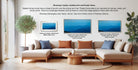 a living room with a large, L-shaped sectional sofa and a coffee table. There are three framed prints displayed on the wall, each with a different frame style and size. The text provides information about the framed prints, including their sizes and frame styles.