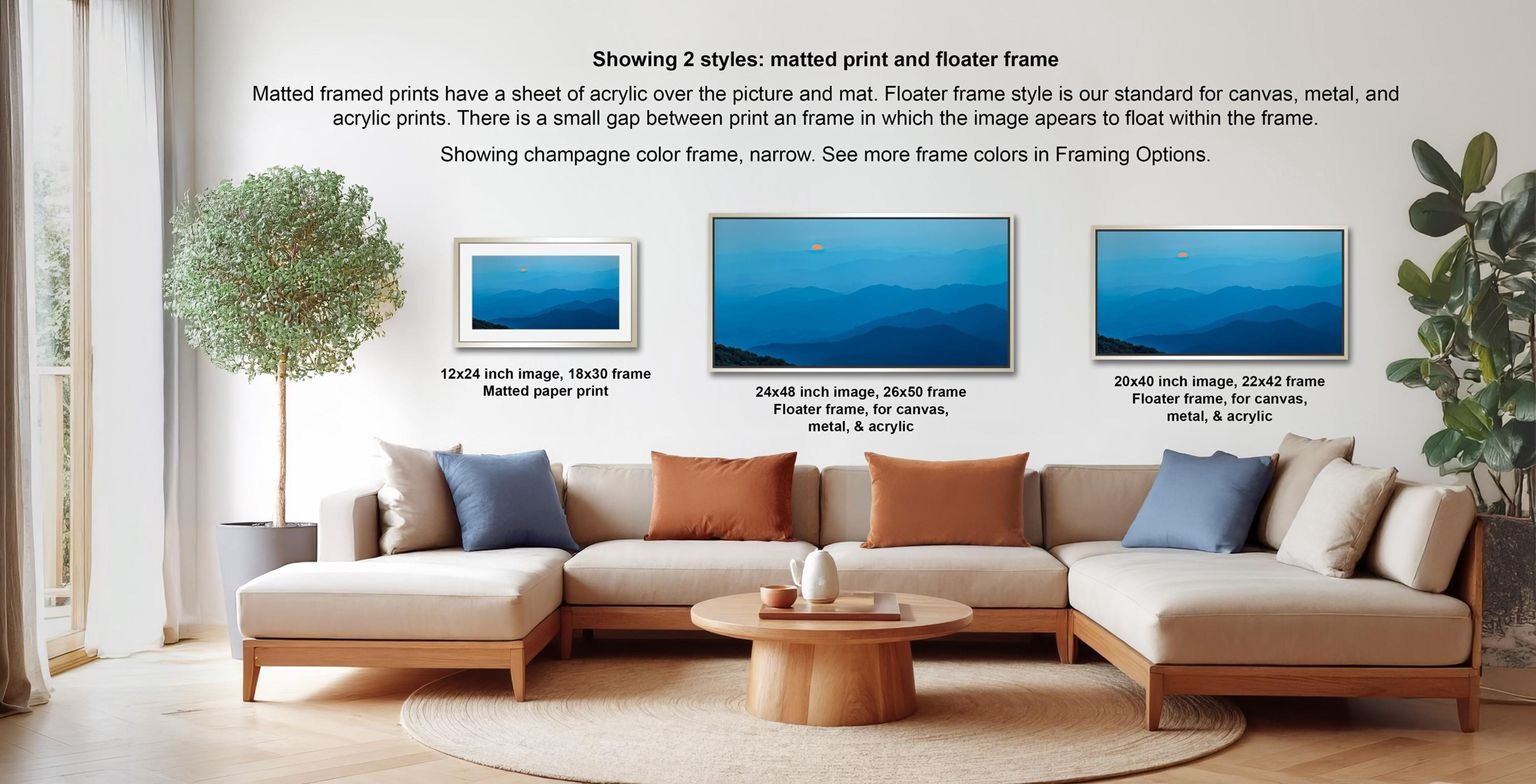 a living room with a large, L-shaped sectional sofa and a coffee table. There are three framed prints displayed on the wall, each with a different frame style and size. The text provides information about the framed prints, including their sizes and frame styles.