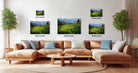a cozy living room with a large sectional sofa, a coffee table, and several potted plants. The walls are adorned with three framed landscape paintings, each varying in size and depicting different scenes. The paintings are arranged in a grid-like pattern, with the largest one at the top and the smallest at the bottom. The room has a warm and inviting atmosphere, with the furniture and decor complementing the natural elements of the landscape art.