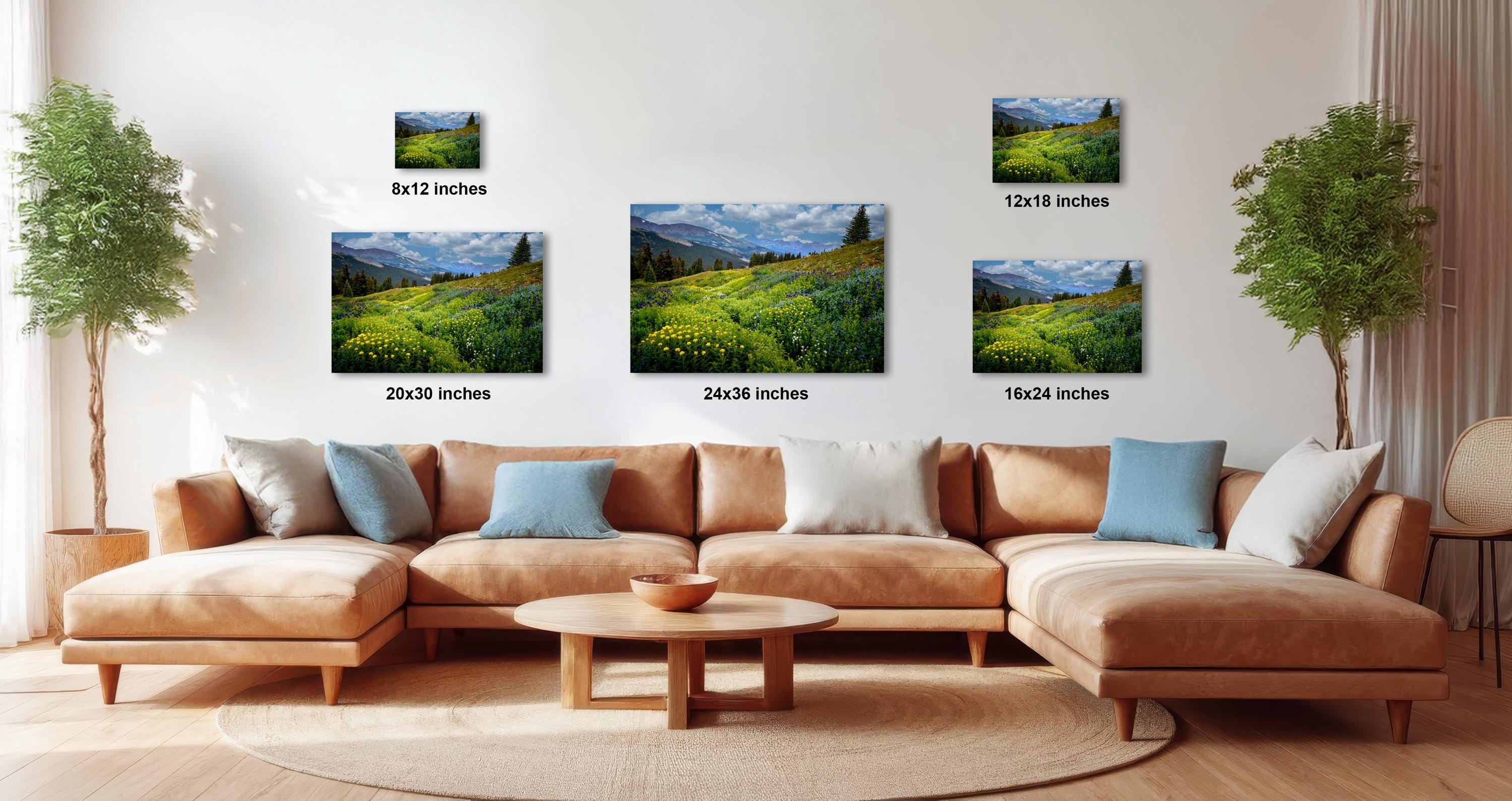 a cozy living room with a large sectional sofa, a coffee table, and several potted plants. The walls are adorned with three framed landscape paintings, each varying in size and depicting different scenes. The paintings are arranged in a grid-like pattern, with the largest one at the top and the smallest at the bottom. The room has a warm and inviting atmosphere, with the furniture and decor complementing the natural elements of the landscape art.