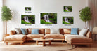 The image is a modern living room with a large sectional sofa, a coffee table, and several potted plants. The wall is decorated with three framed photographs of waterfalls, each with a different size and resolution. The photographs are arranged in a grid format, with one on the top left, one on the top right, and one on the bottom left. The text next to each photograph indicates the size of the image in inches.