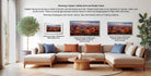a living room with a large sectional sofa, a coffee table, and a potted plant. There are three framed prints displayed on the wall, each with a different frame style and size. The text provides information about the framed prints, including their sizes and frame styles.