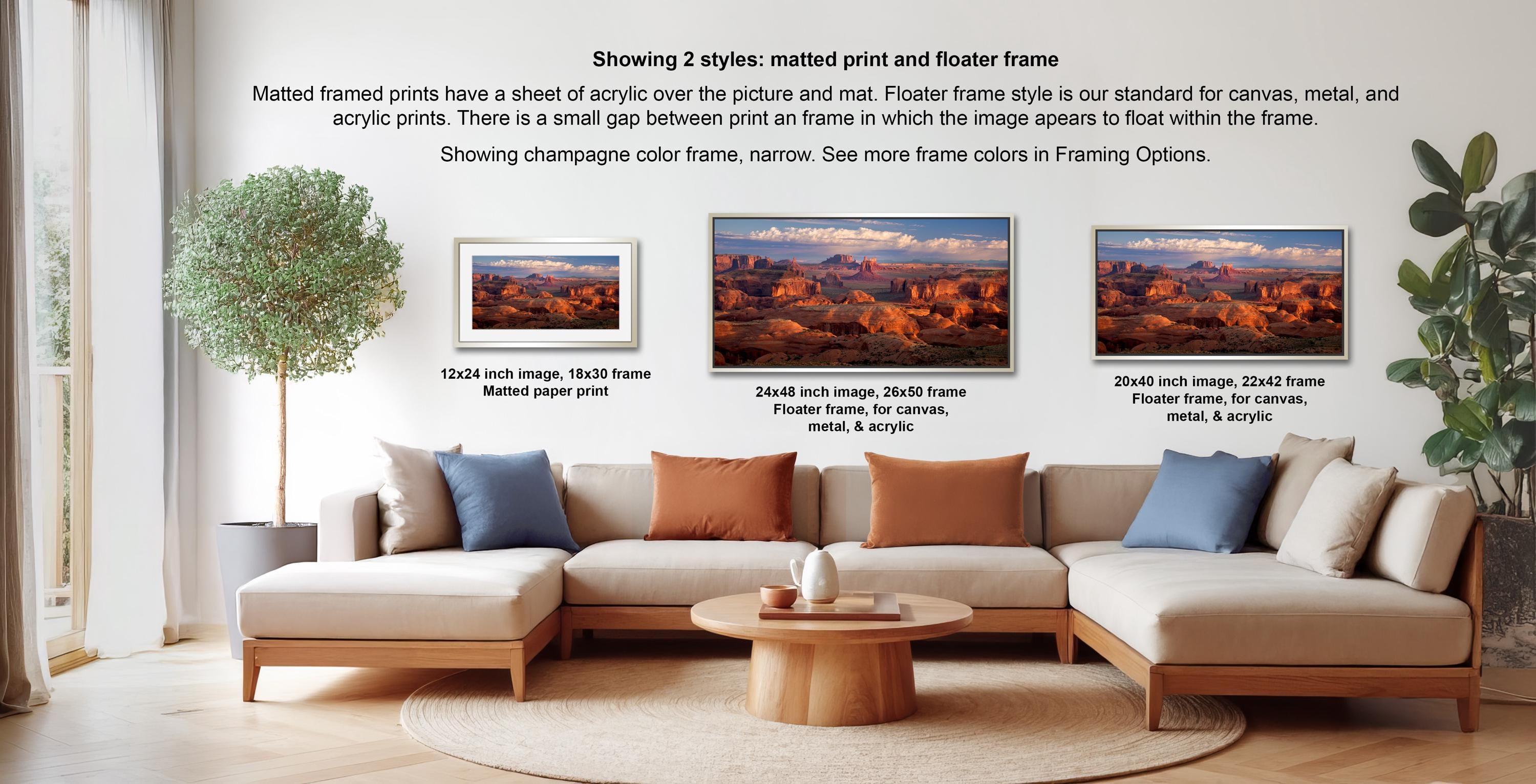 a living room with a large sectional sofa, a coffee table, and a potted plant. There are three framed prints displayed on the wall, each with a different frame style and size. The text provides information about the framed prints, including their sizes and frame styles.