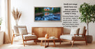 The image is a living room with a large framed landscape painting hanging on the wall. The painting depicts a serene river flowing through a forest, with a wooden fence and a bridge in the background. The room is furnished with two chairs and a coffee table, creating a cozy and inviting atmosphere.