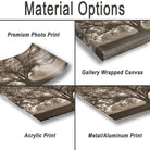 various types of print materials, including a premium photo print, a gallery wrapped canvas, an acrylic print, and a metal/aluminum print.