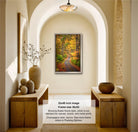 The image is a 32x48-inch framed photograph of a forest path, hanging on a wall in a room with wooden furniture and decorative items.