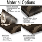 The image is a collage of four different types of printed materials, including a premium photo print, a gallery wrapped canvas, an acrylic print, and a metal/alum print.