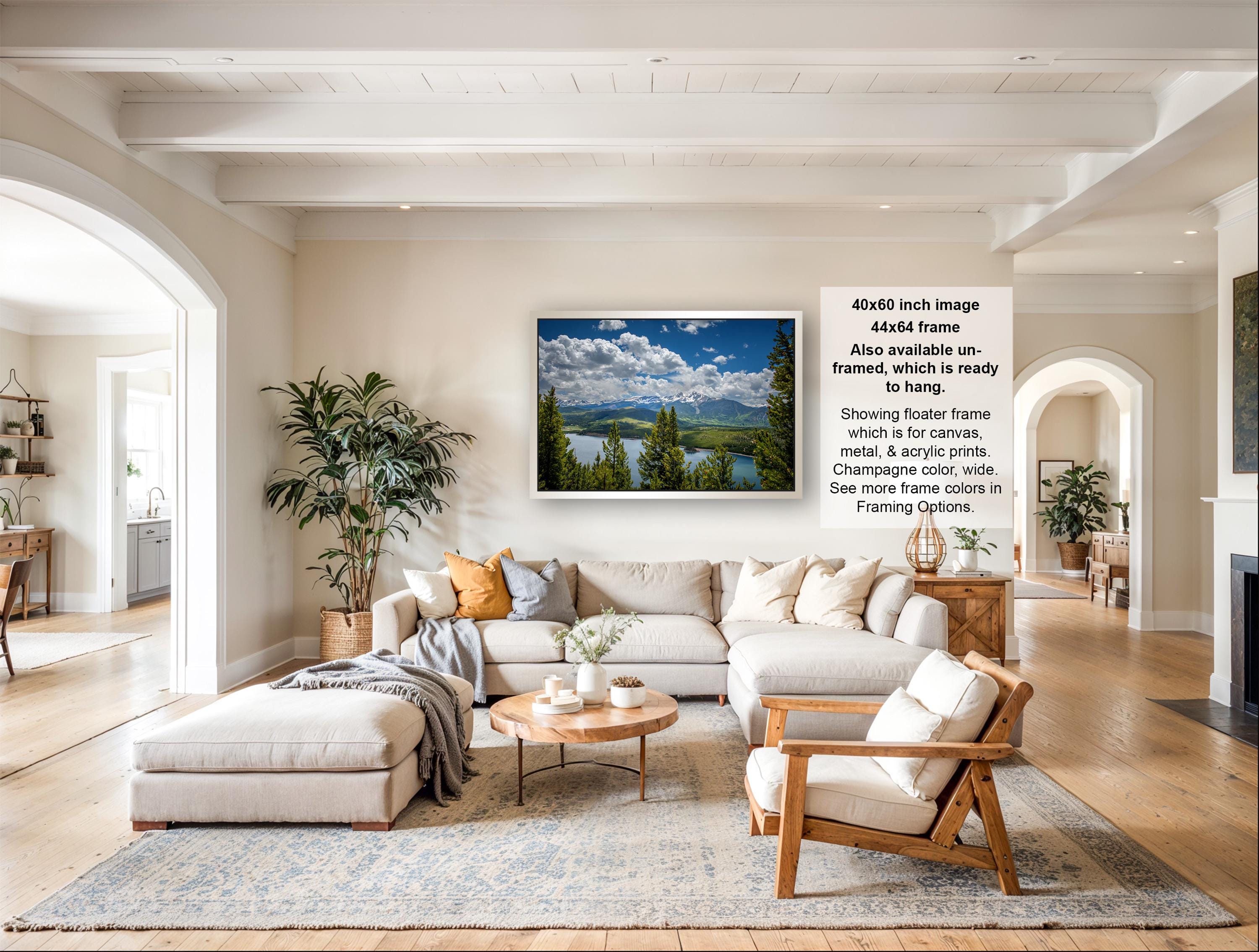 The image is a large framed picture of a scenic landscape, hanging on a wall in a spacious living room.